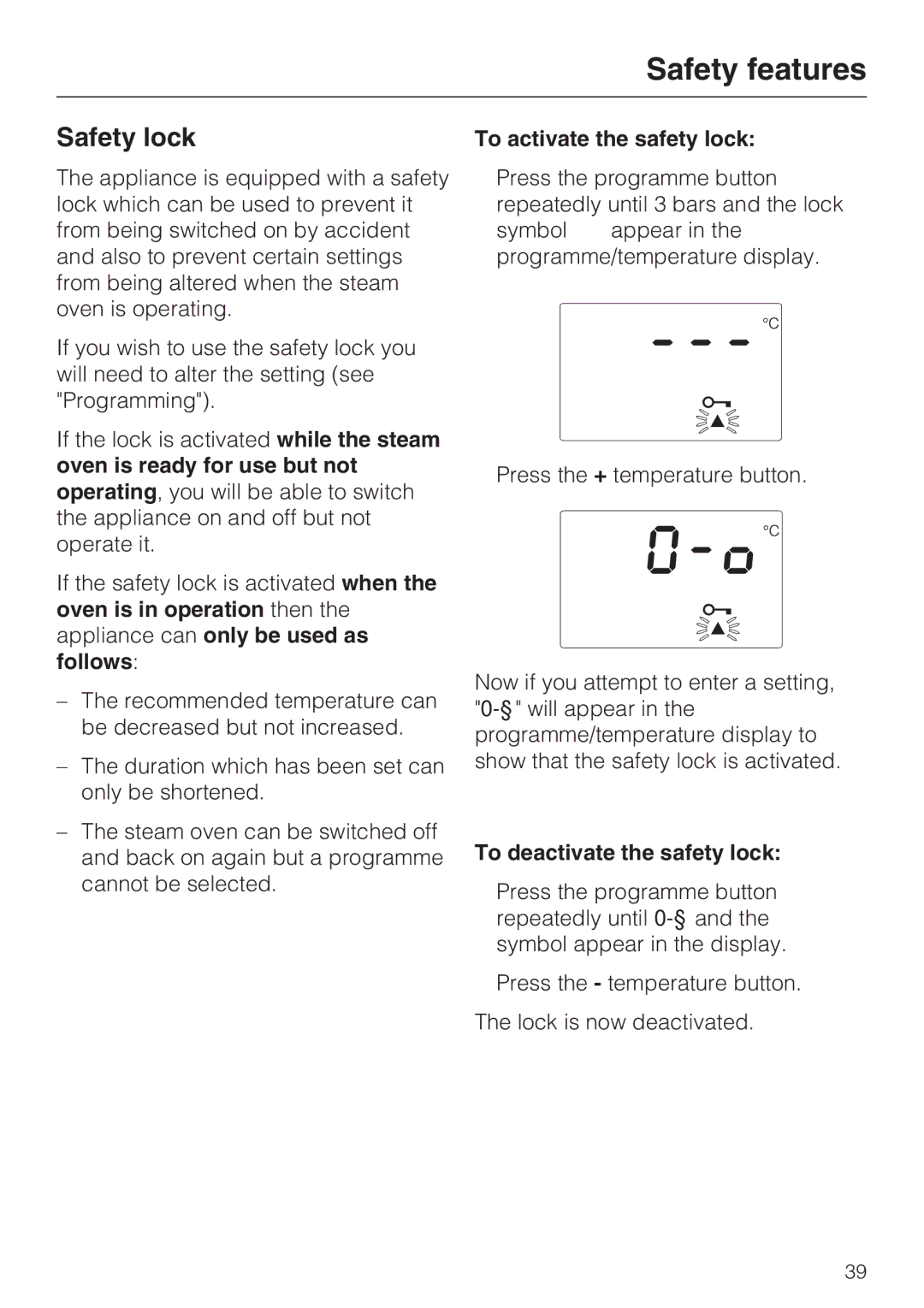 Miele DG 4064 L, DG 4164 L Safety lock, To activate the safety lock, To deactivate the safety lock 