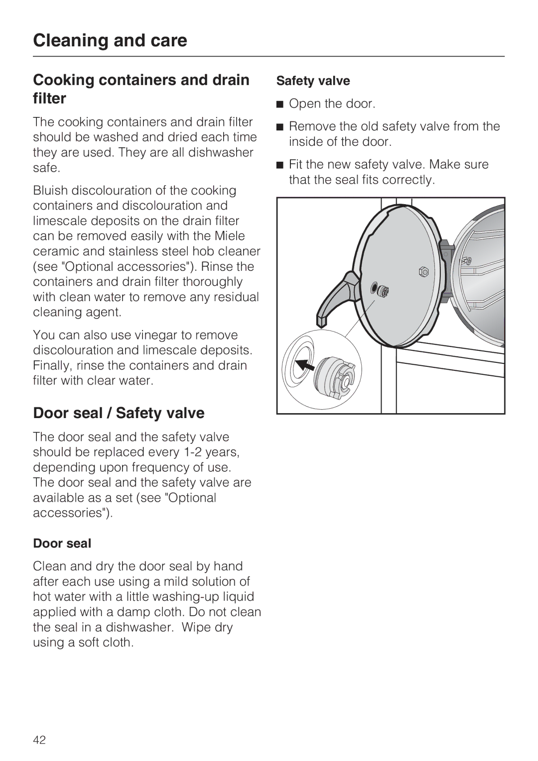 Miele DG 4164 L, DG 4064 L operating instructions Cooking containers and drain filter, Door seal / Safety valve 