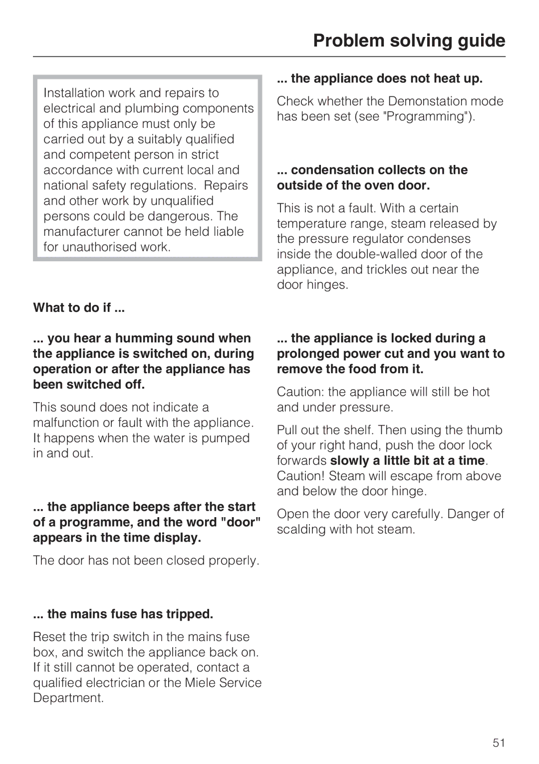 Miele DG 4164, DG 4064 L Problem solving guide, What to do if Appliance does not heat up, Mains fuse has tripped 