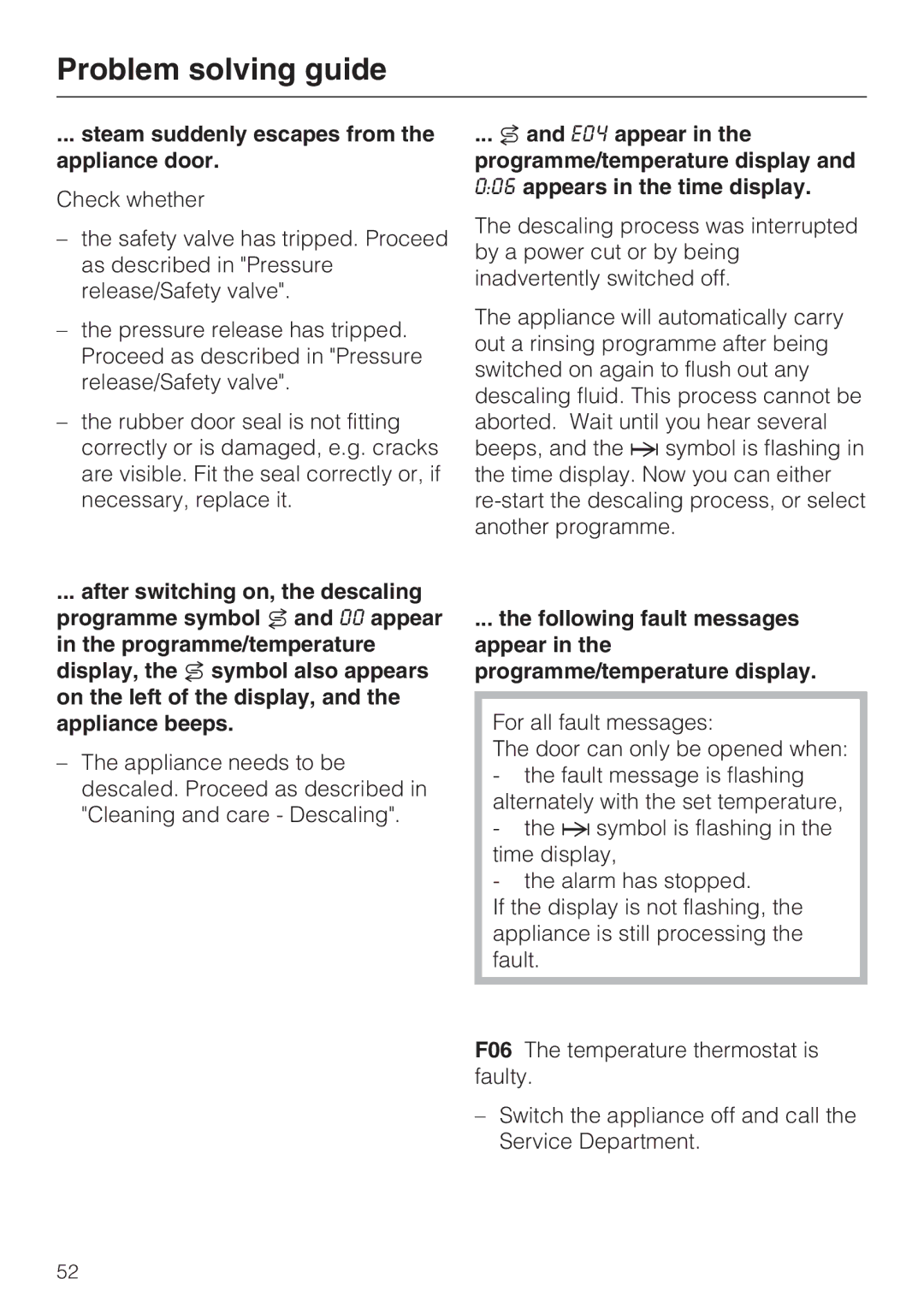 Miele DG 4064 L, DG 4164 L operating instructions Steam suddenly escapes from the appliance door 