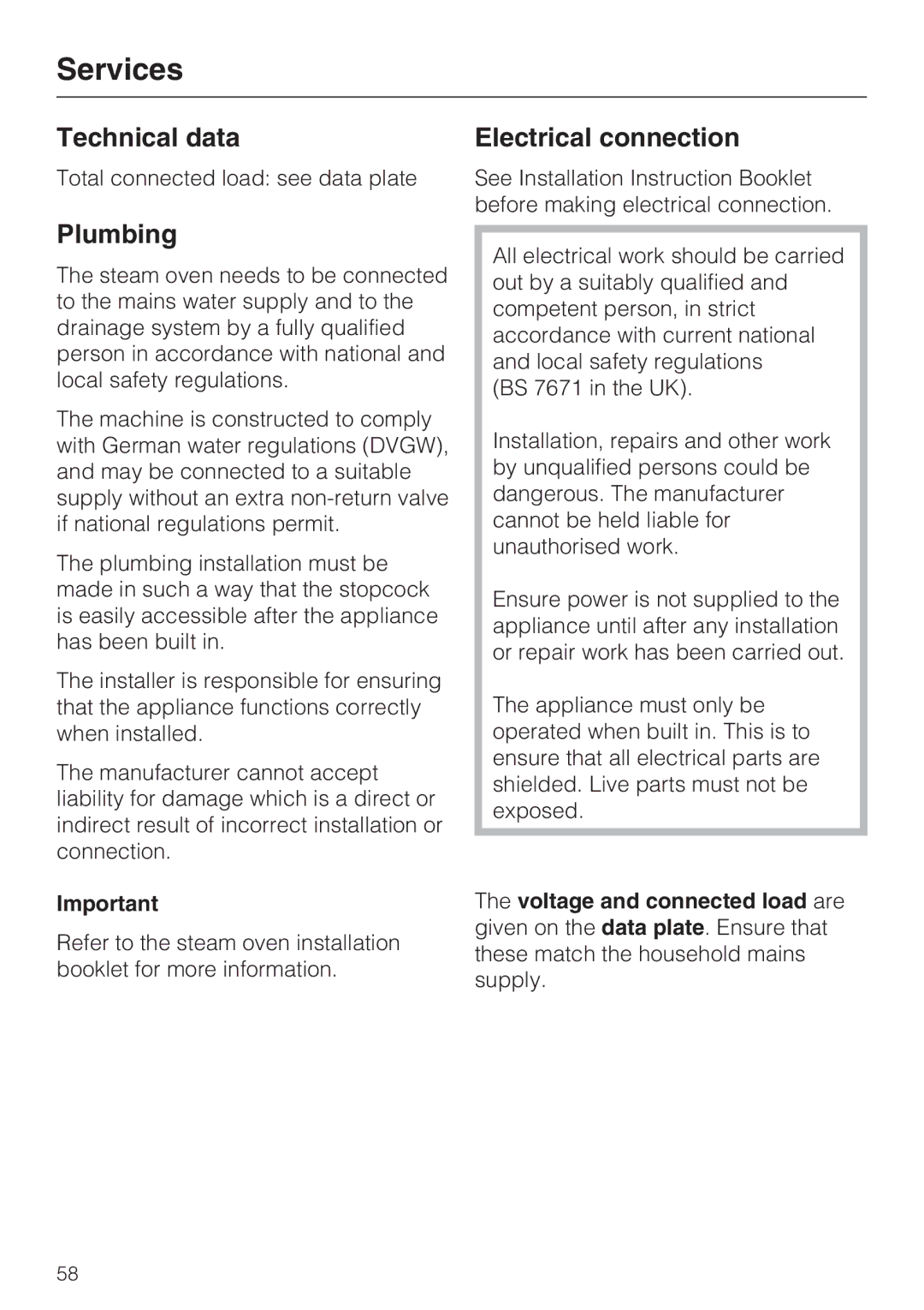 Miele DG 4164 L, DG 4064 L operating instructions Services, Technical data, Plumbing, Electrical connection 