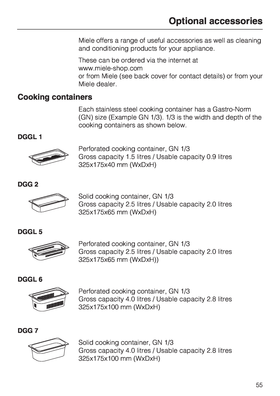 Miele DG 4064 L, DG 4164 L operating instructions Optional accessories, Cooking containers, Dggl 