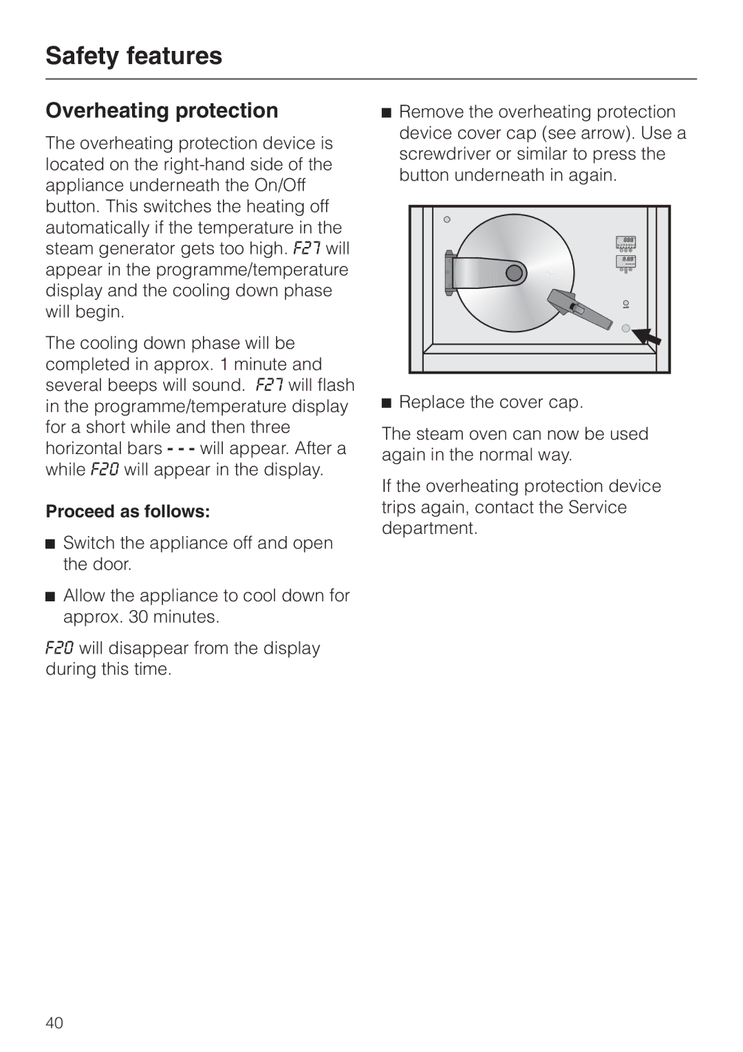 Miele DG 4064 L manual Overheating protection, Proceed as follows 