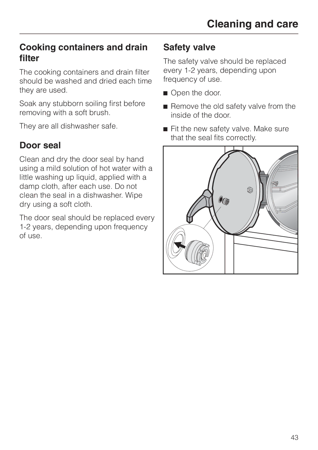 Miele DG 4064 L manual Cooking containers and drain filter, Door seal, Safety valve 