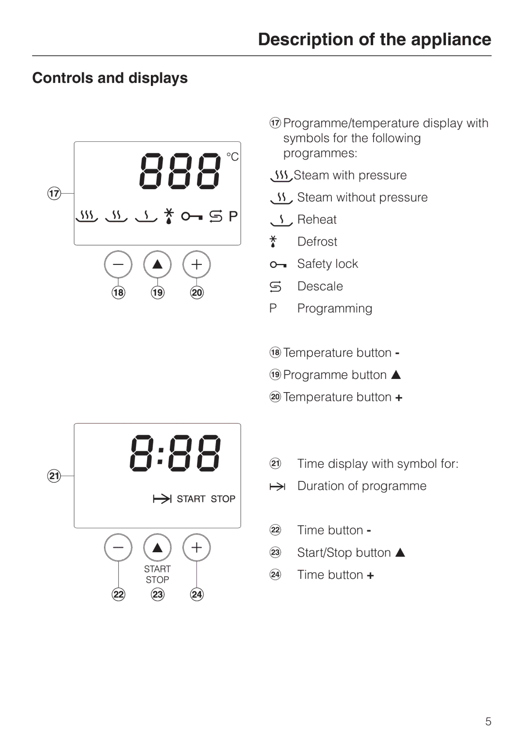 Miele DG 4064 L manual Controls and displays 