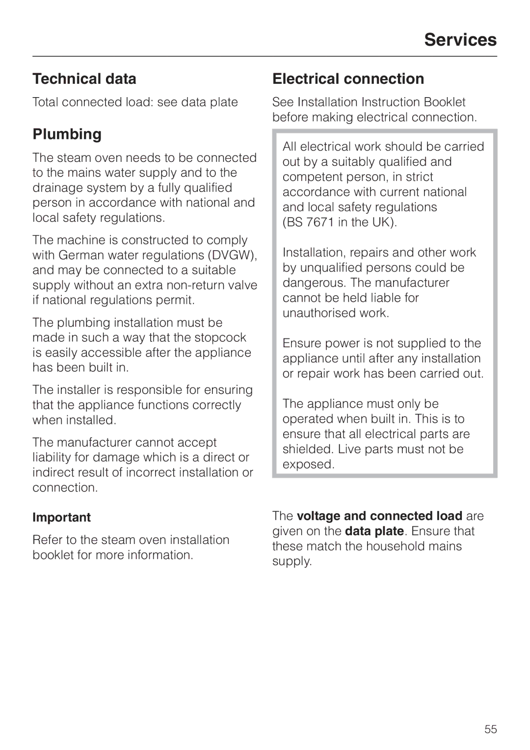 Miele DG 4064 L manual Services, Technical data, Plumbing, Electrical connection 