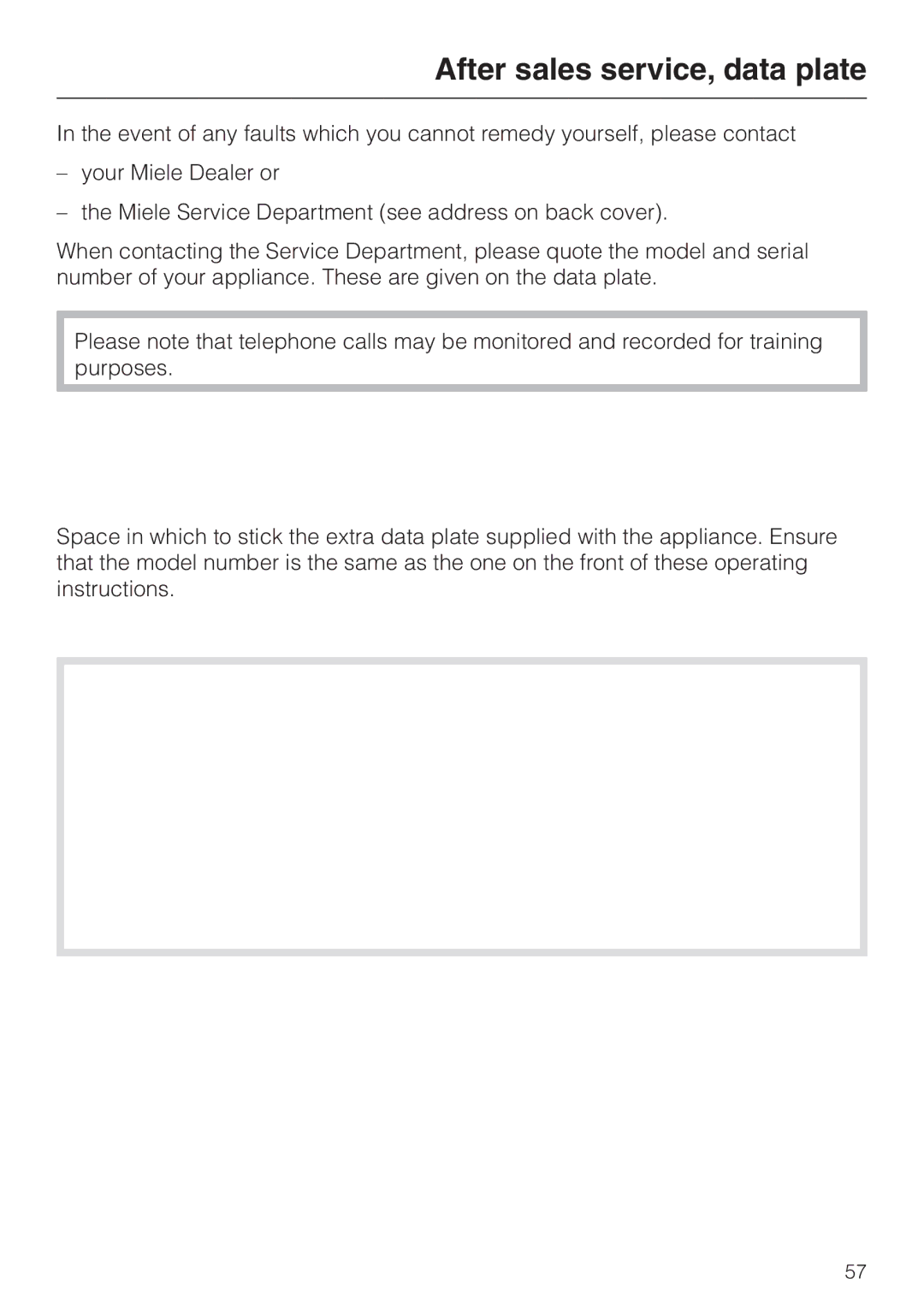 Miele DG 4064 L manual After sales service, data plate 