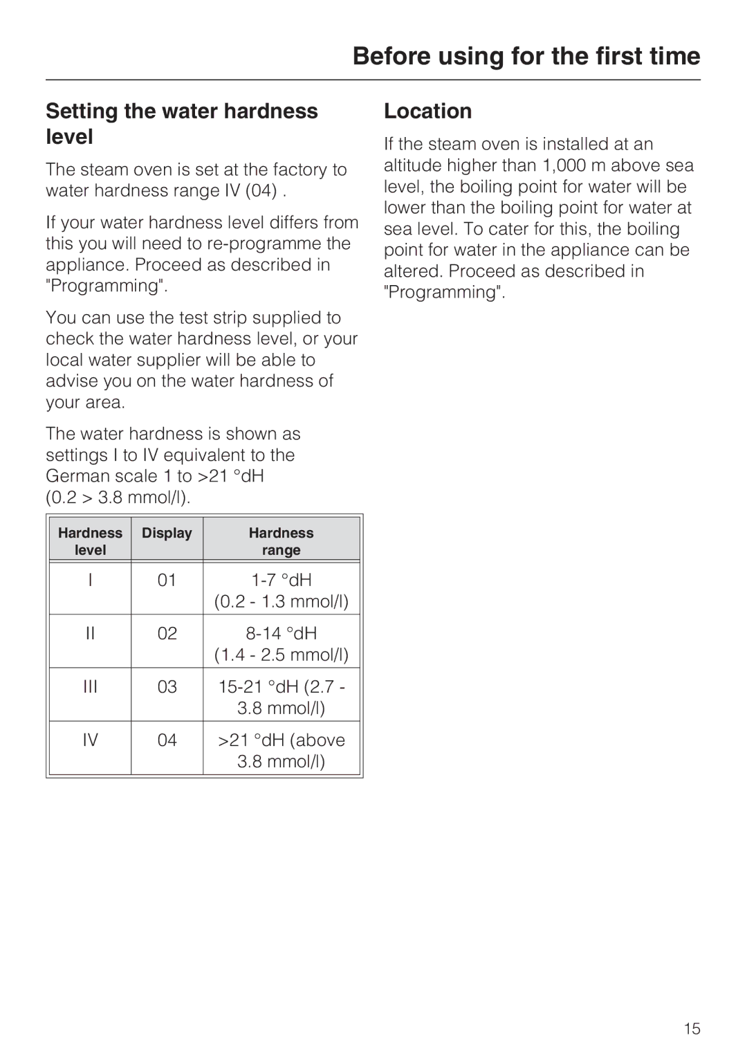 Miele DG 4164 L manual Before using for the first time, Setting the water hardness level, Location 