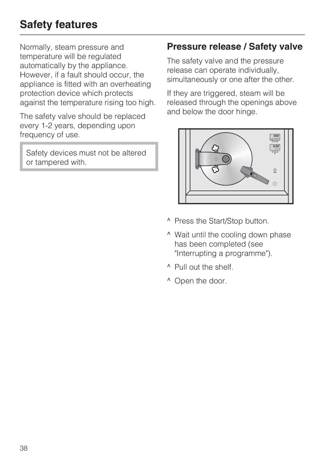 Miele DG 4164 L manual Safety features, Pressure release / Safety valve 