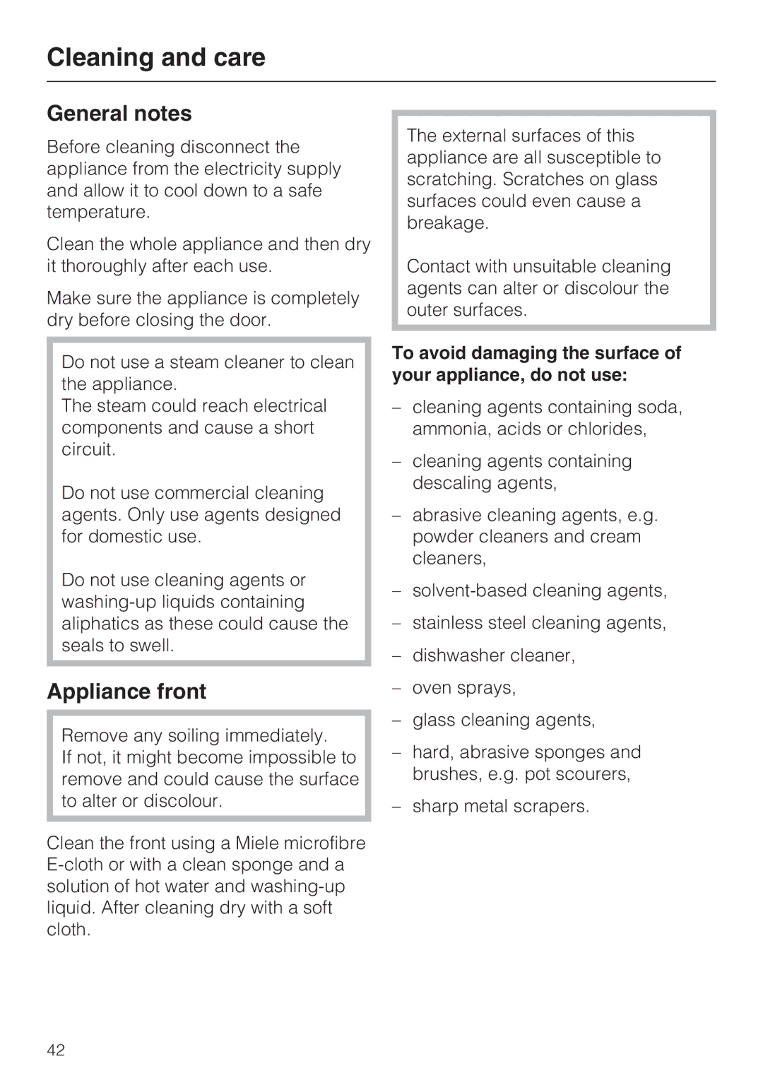 Miele DG 4164 L manual Cleaning and care, General notes, Appliance front 