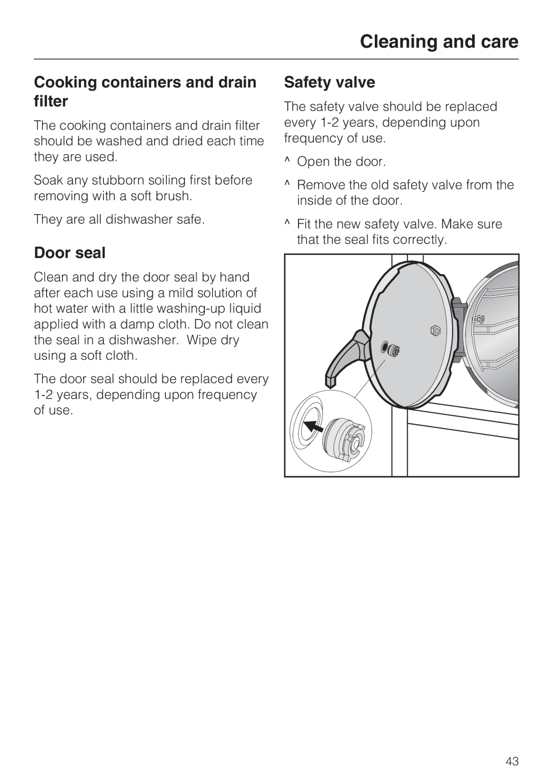 Miele DG 4164 L manual Cooking containers and drain filter, Door seal, Safety valve 