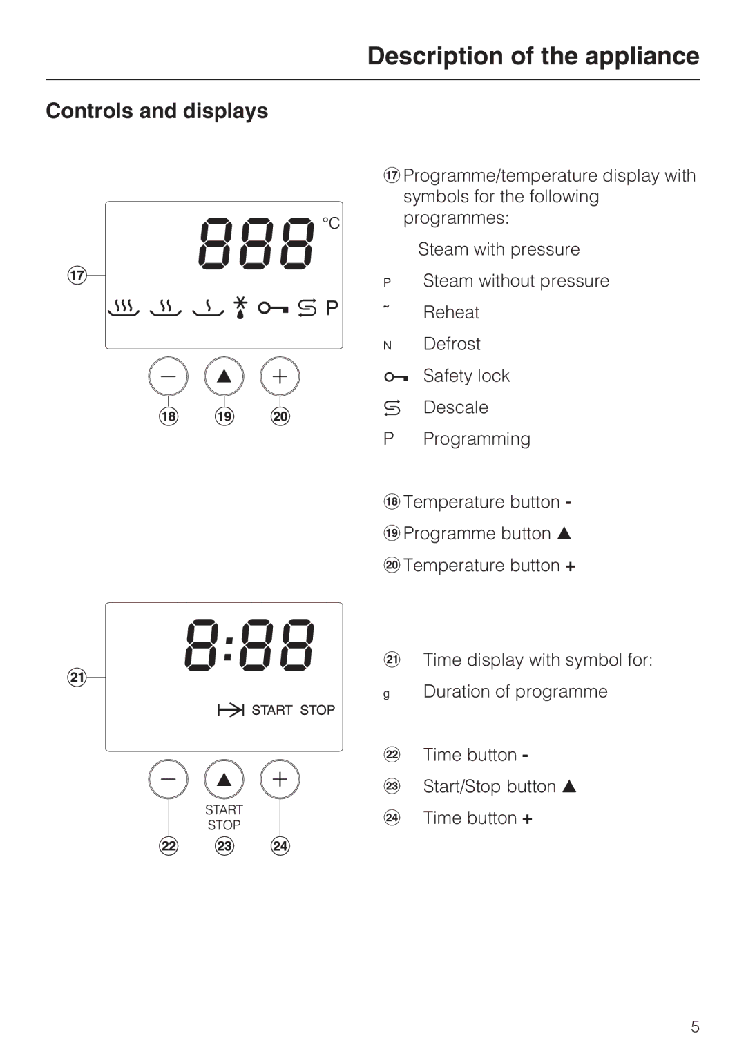 Miele DG 4164 L manual Controls and displays 