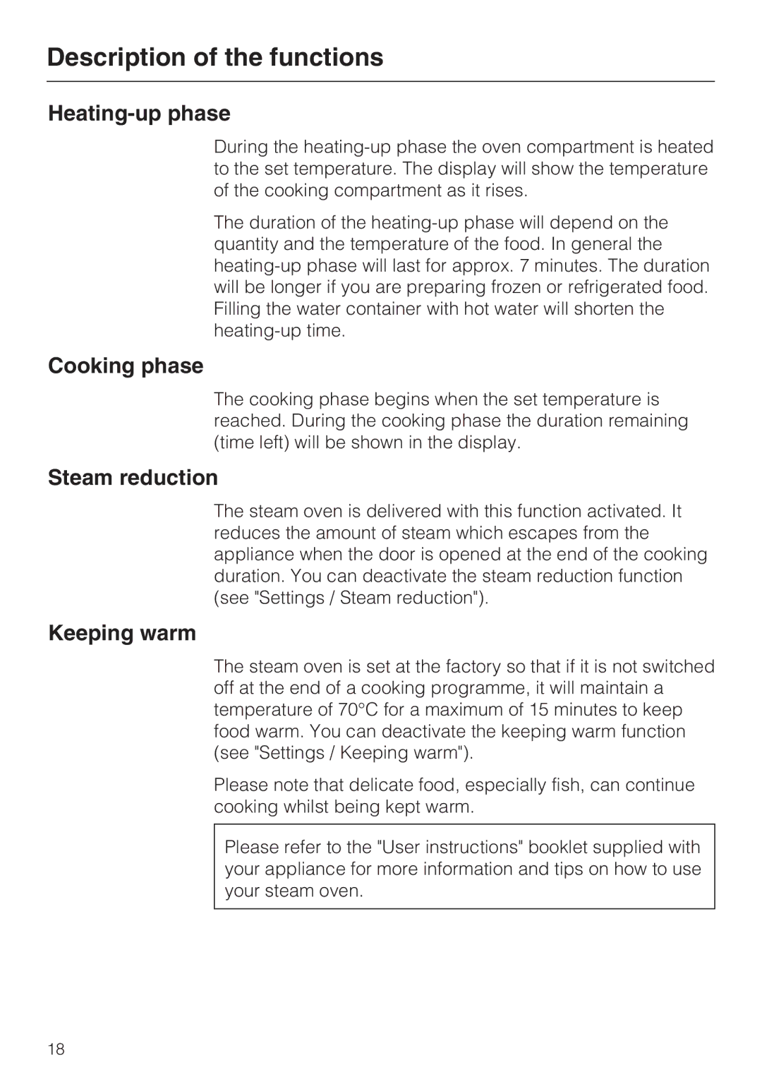 Miele DG 5070, DG 5088, DG 5080 installation instructions Heating-up phase, Cooking phase, Steam reduction, Keeping warm 