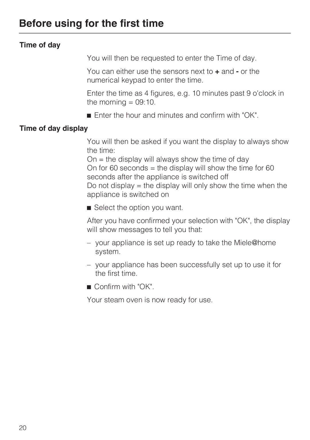 Miele DG 5080, DG 5070, DG 5088 installation instructions Time of day display 