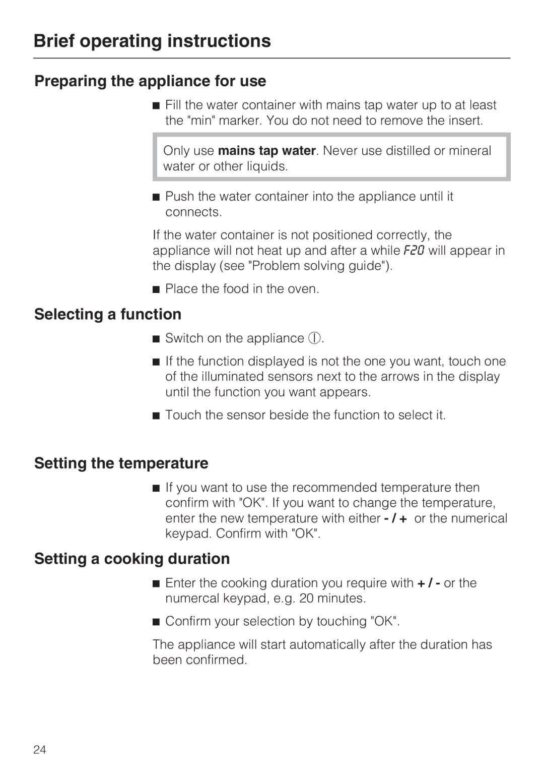 Miele DG 5070 Brief operating instructions, Preparing the appliance for use, Selecting a function, Setting the temperature 