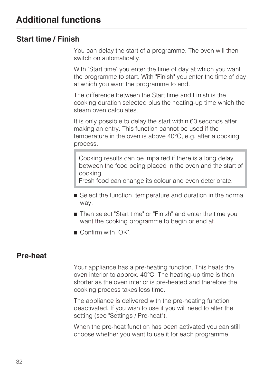 Miele DG 5080, DG 5070, DG 5088 installation instructions Additional functions, Start time / Finish, Pre-heat 