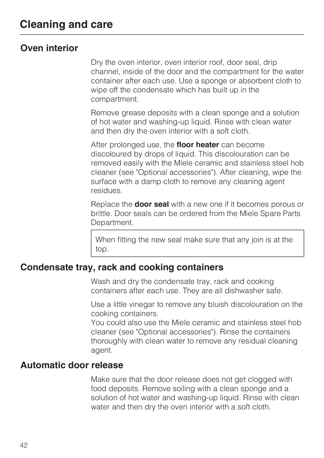 Miele DG 5070, DG 5088, DG 5080 Oven interior, Condensate tray, rack and cooking containers, Automatic door release 