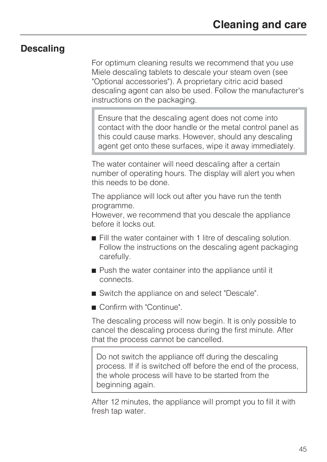 Miele DG 5070, DG 5088, DG 5080 installation instructions Descaling 