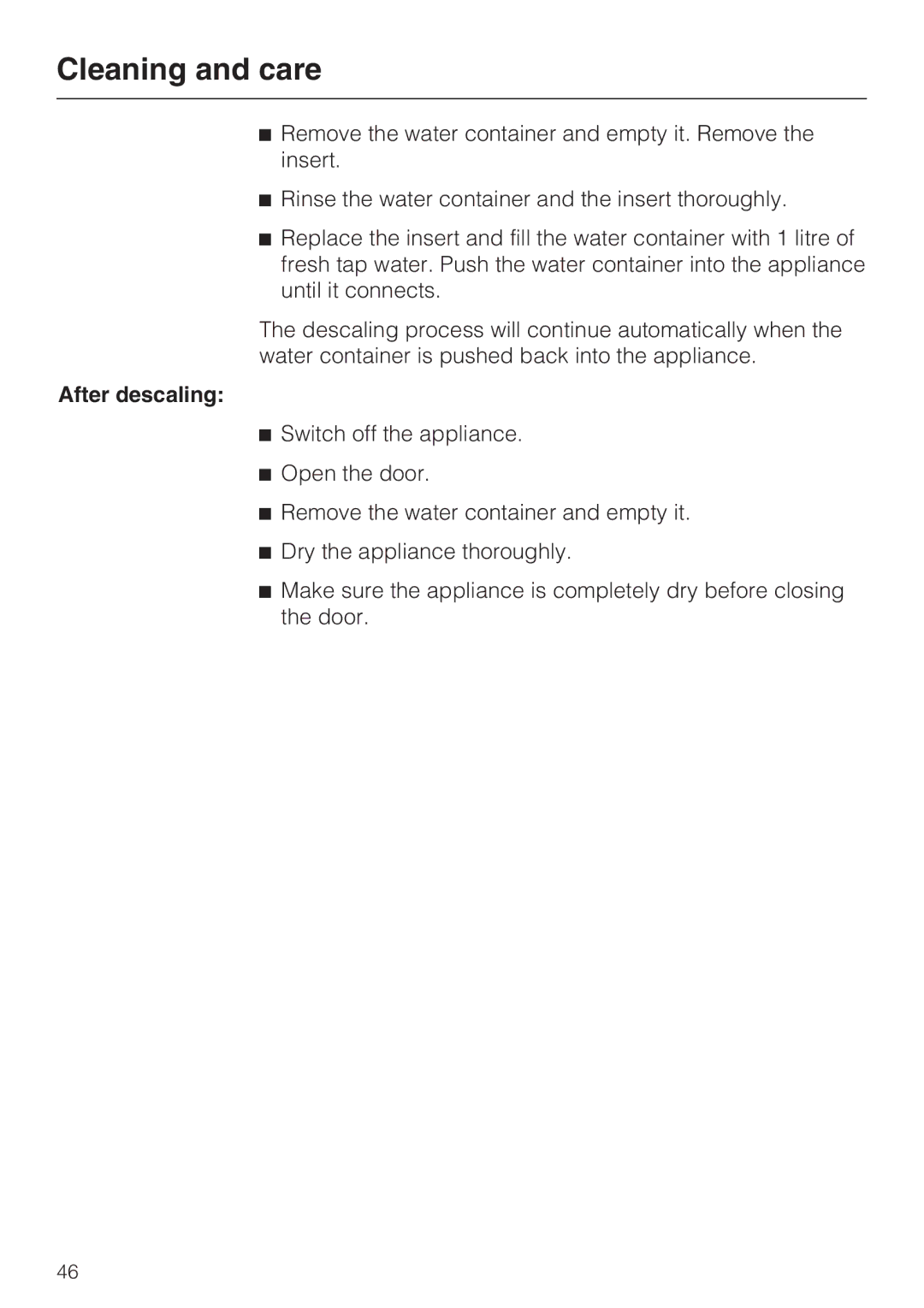 Miele DG 5088, DG 5070, DG 5080 installation instructions After descaling 