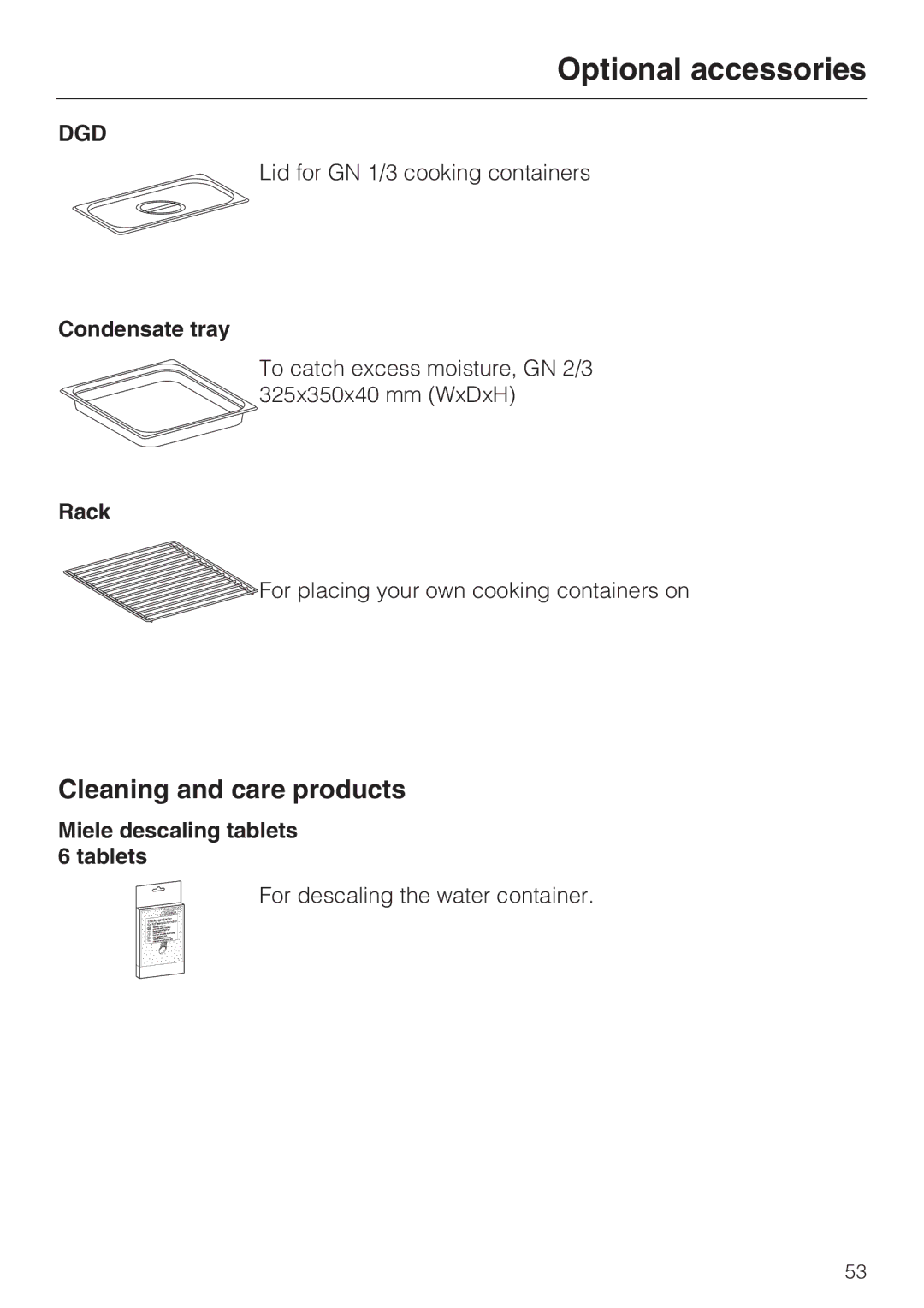 Miele DG 5080, DG 5070, DG 5088 installation instructions Cleaning and care products, Miele descaling tablets 6 tablets 