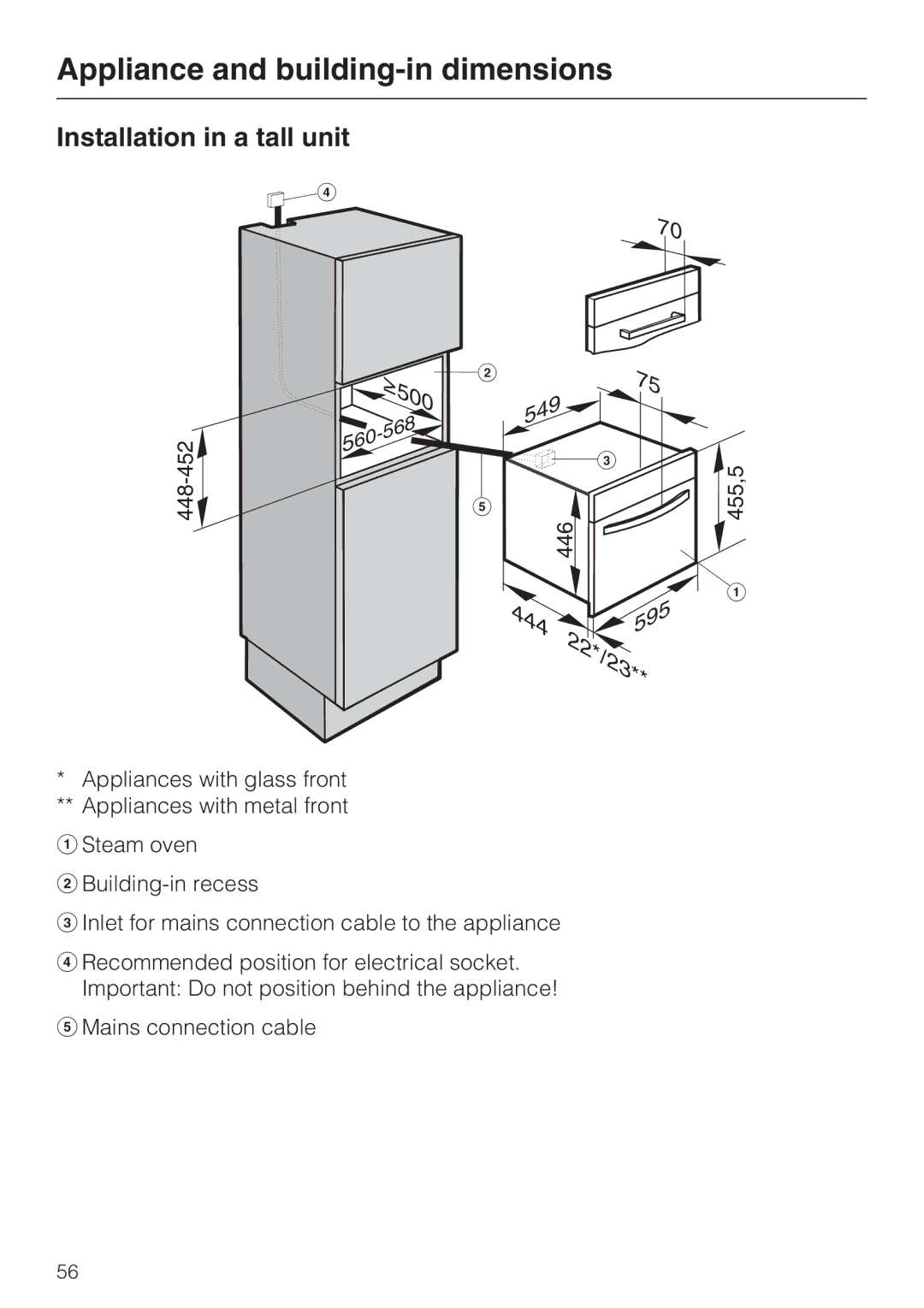 Miele DG 5080, DG 5070, DG 5088 installation instructions Appliance and building-in dimensions, Installation in a tall unit 