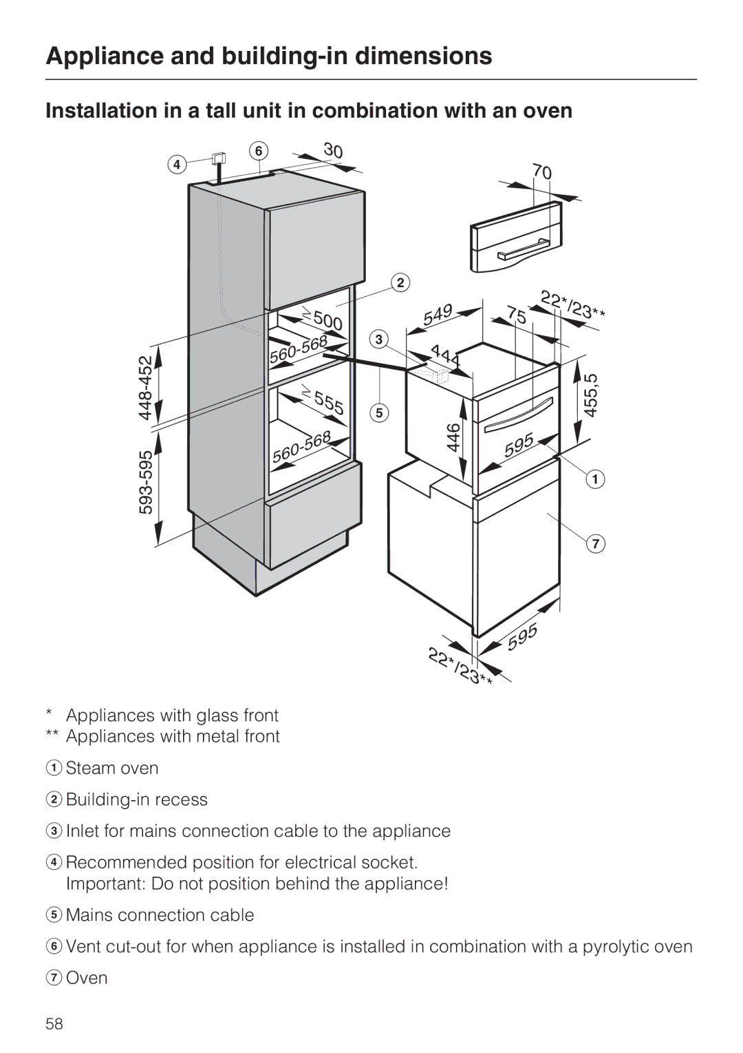 Miele DG 5088, DG 5070, DG 5080 installation instructions Installation in a tall unit in combination with an oven 