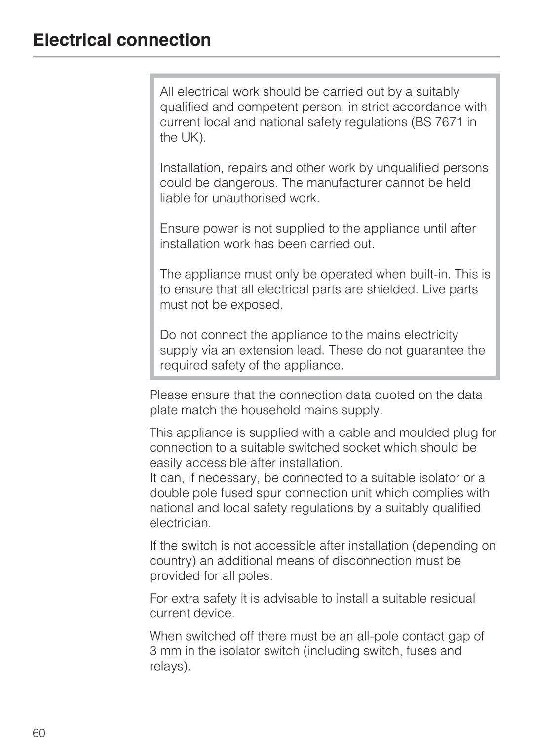 Miele DG 5070, DG 5088, DG 5080 installation instructions Electrical connection 