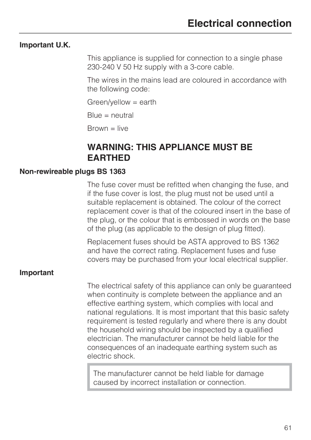 Miele DG 5088, DG 5070, DG 5080 installation instructions Important U.K, Non-rewireable plugs BS 