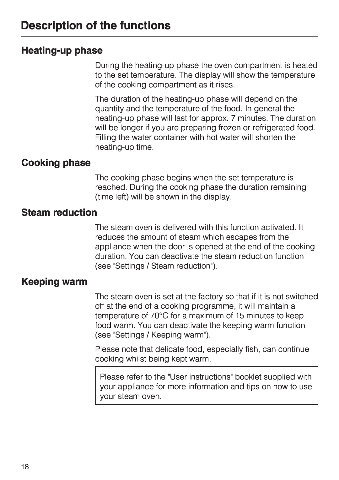 Miele DG 5070, DG 5088 Heating-up phase, Cooking phase, Steam reduction, Keeping warm, Description of the functions 