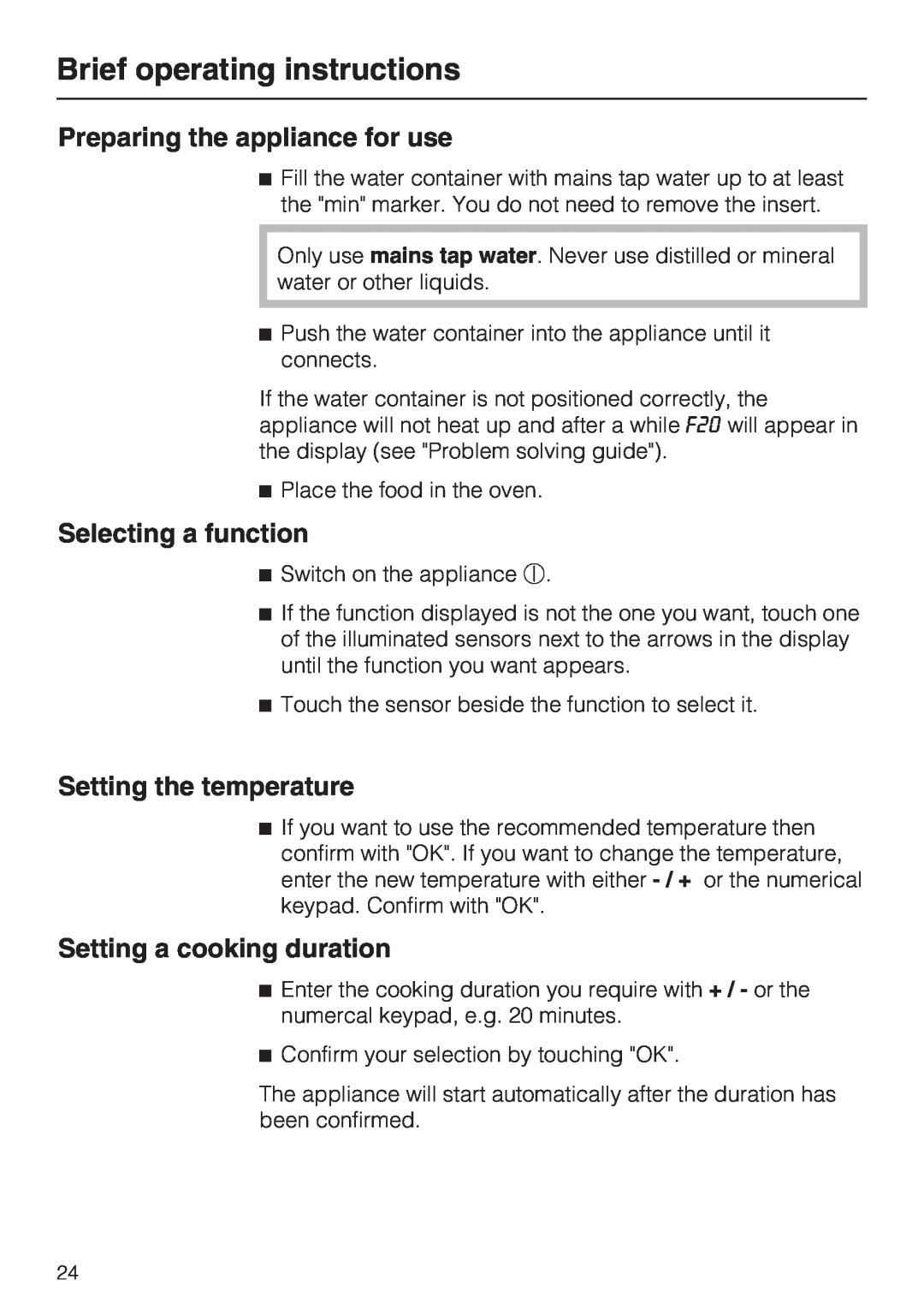 Miele DG 5070 Brief operating instructions, Preparing the appliance for use, Selecting a function, Setting the temperature 