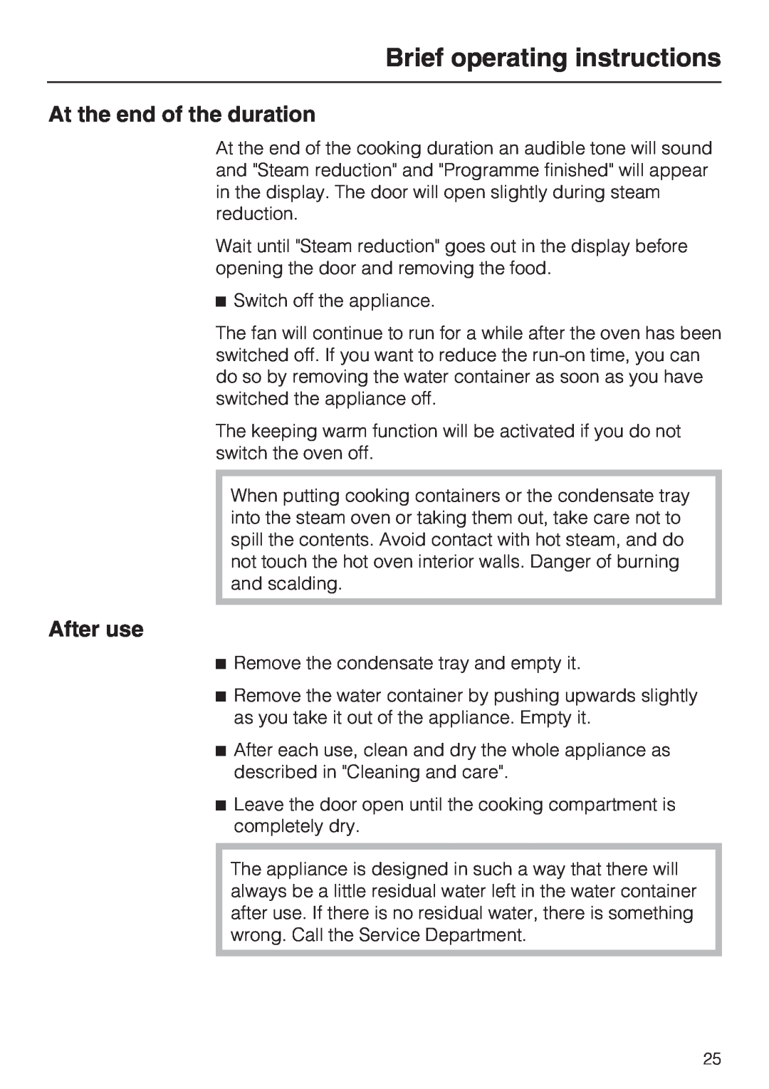 Miele DG 5088, DG 5070, DG 5080 installation instructions At the end of the duration, After use, Brief operating instructions 