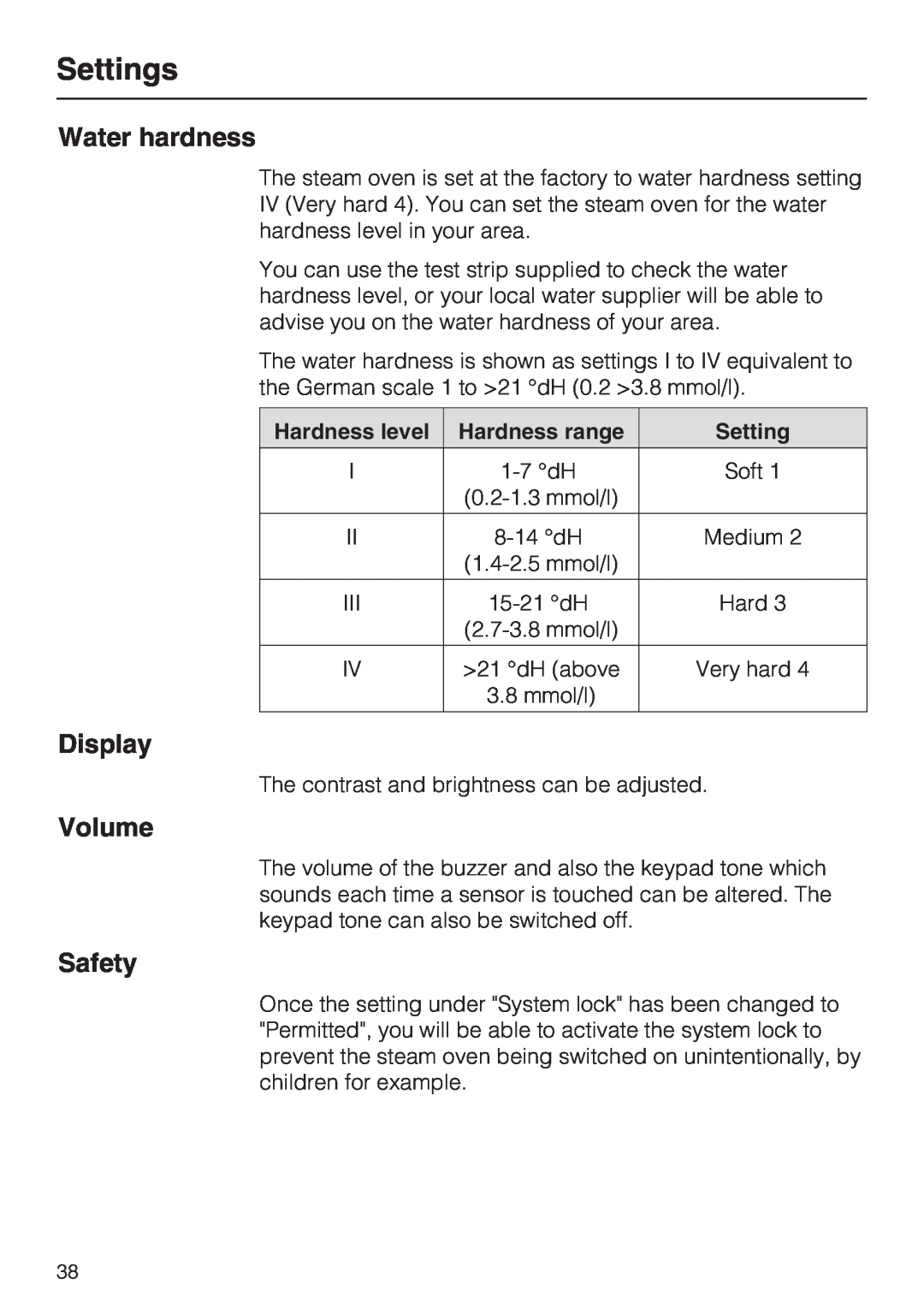 Miele DG 5080, DG 5070, DG 5088 installation instructions Water hardness, Volume, Safety, Settings, Display 