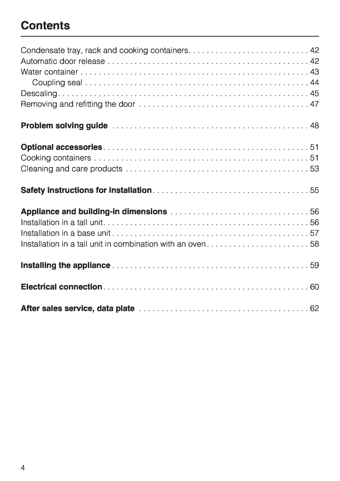 Miele DG 5088 Contents, Problem solving guide, Safety instructions for installation, After sales service, data plate 