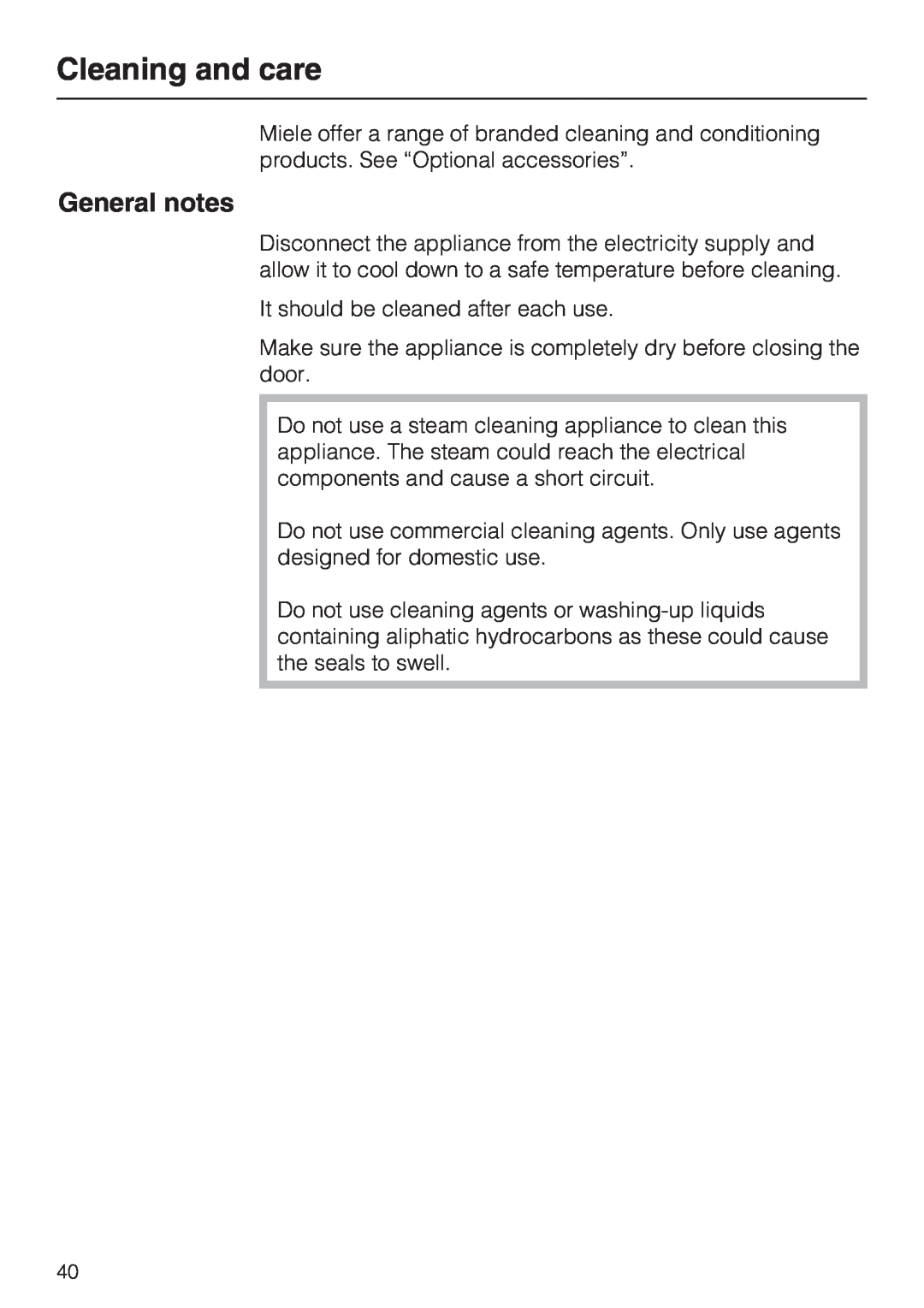 Miele DG 5088, DG 5070, DG 5080 installation instructions Cleaning and care, General notes 