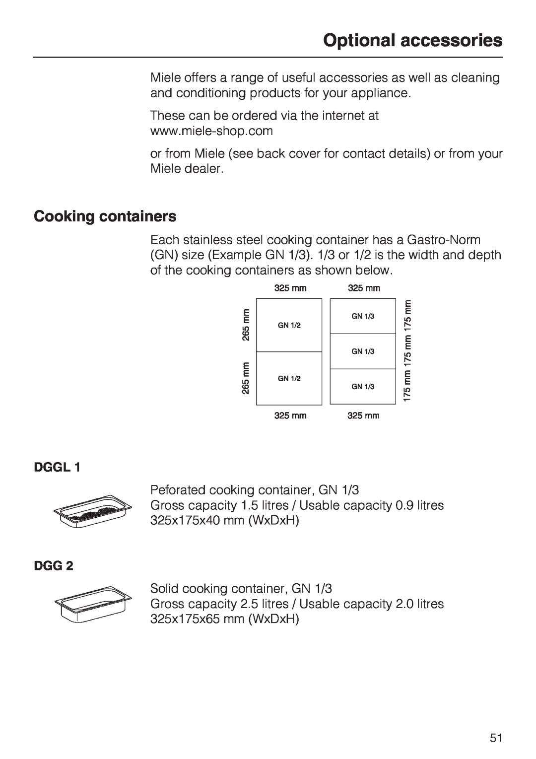 Miele DG 5070, DG 5088, DG 5080 installation instructions Optional accessories, Cooking containers 