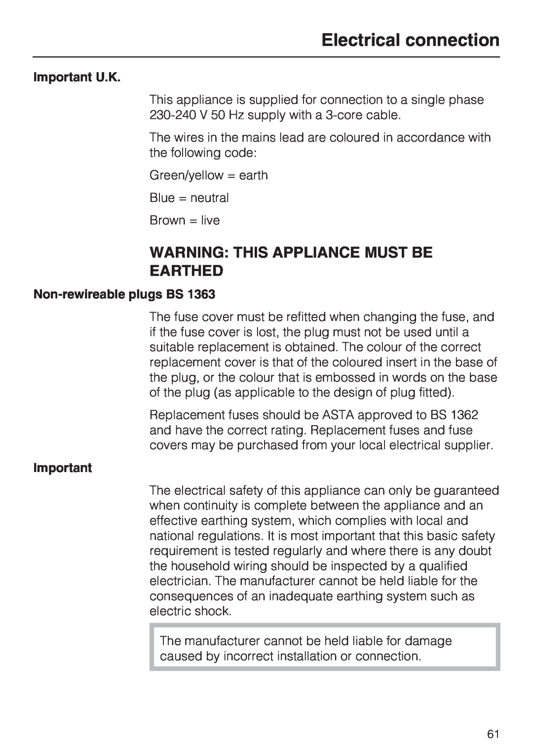 Miele DG 5088 Warning This Appliance Must Be Earthed, Electrical connection, Important U.K, Non-rewireable plugs BS 