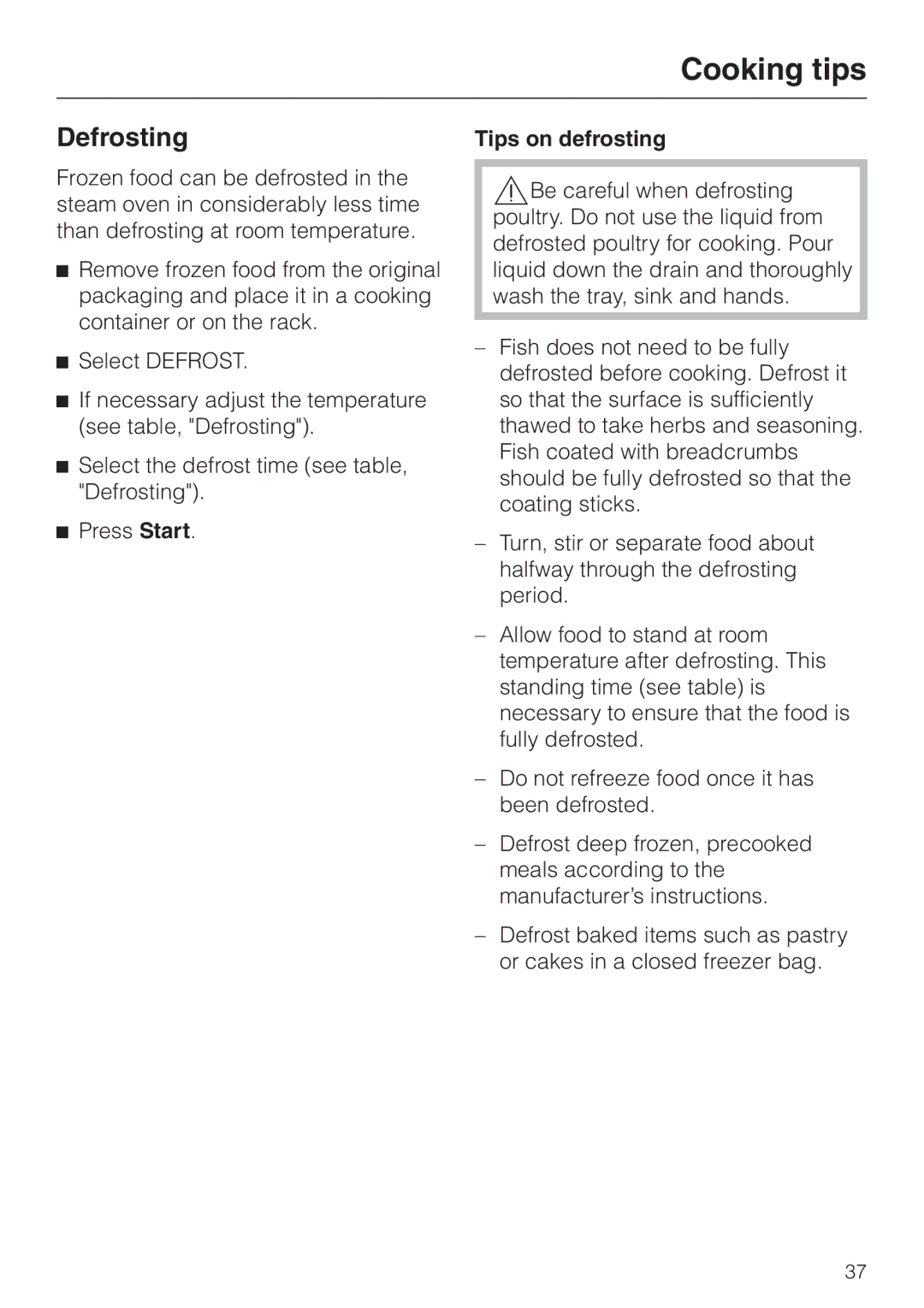 Miele DG155-2, DG155-1, DG155-3 operating instructions Tips on defrosting 