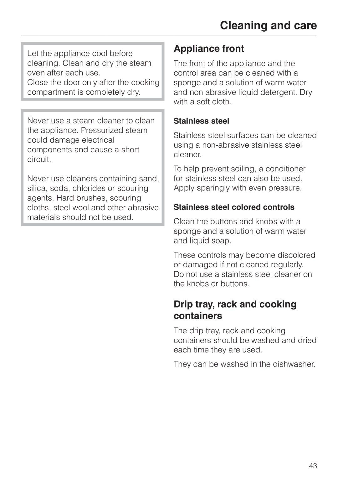 Miele DG155-3, DG155-2, DG155-1 Cleaning and care, Appliance front, Drip tray, rack and cooking containers, Stainless steel 