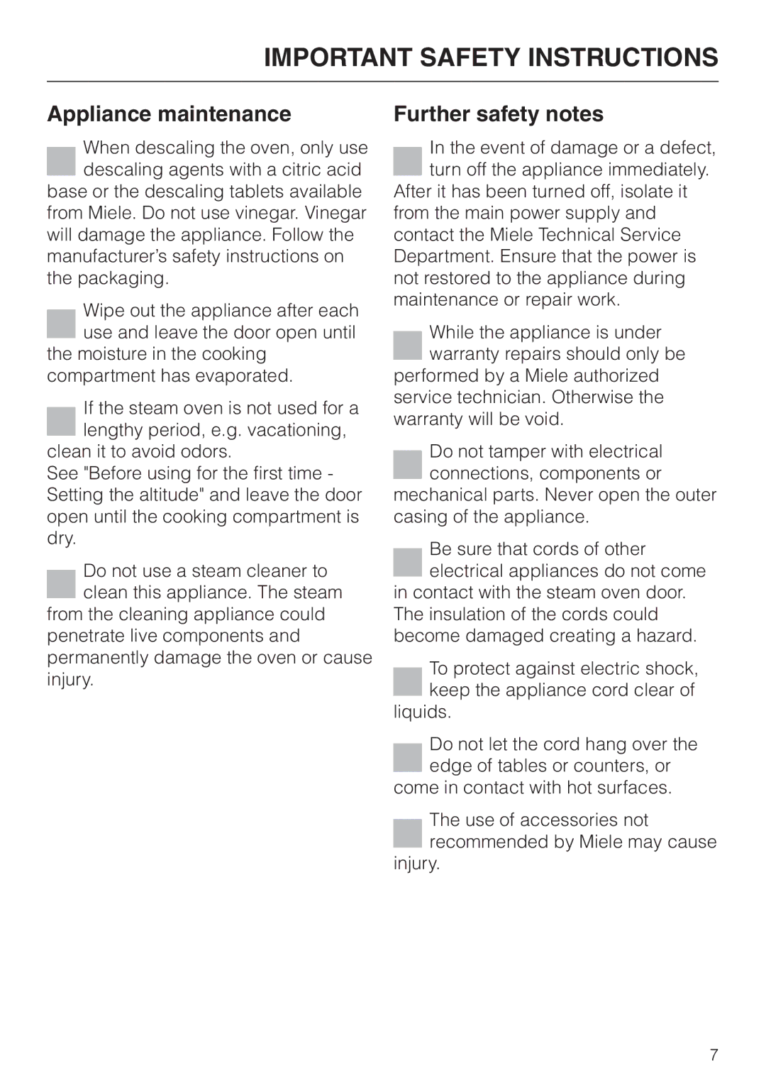 Miele DG155-3, DG155-2, DG155-1 operating instructions Appliance maintenance, Further safety notes 