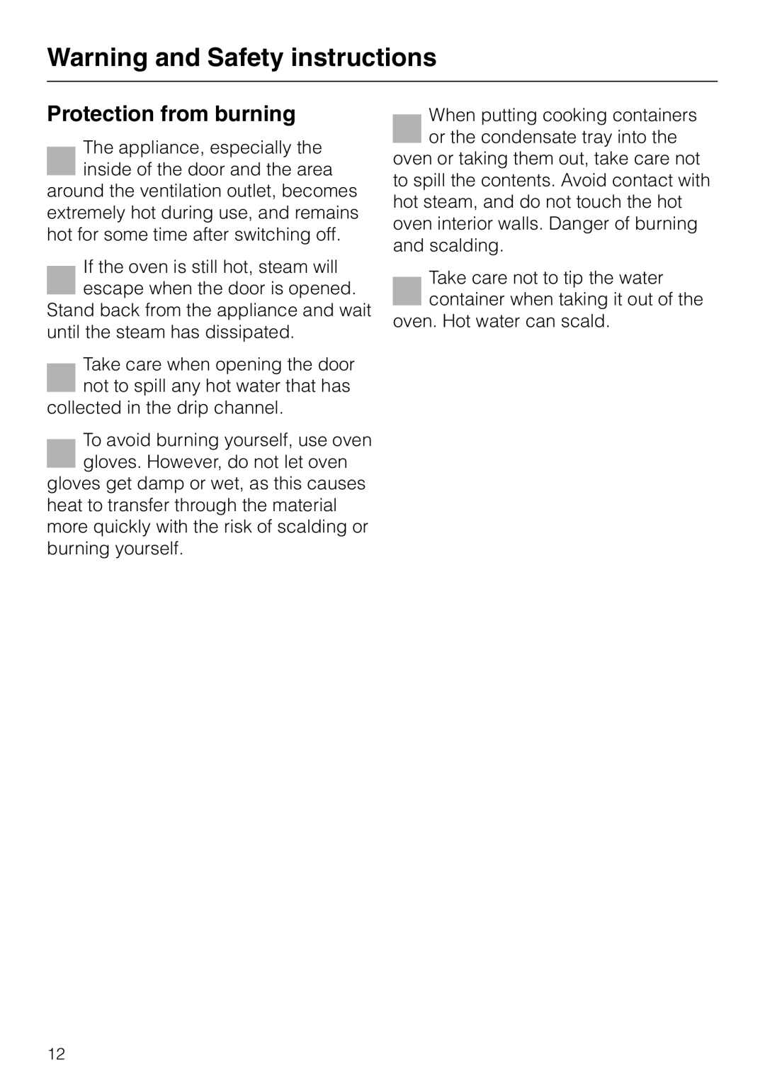 Miele DG 2551, DG2661, DG 2651, DG 2561, DG 2351 installation instructions Protection from burning 