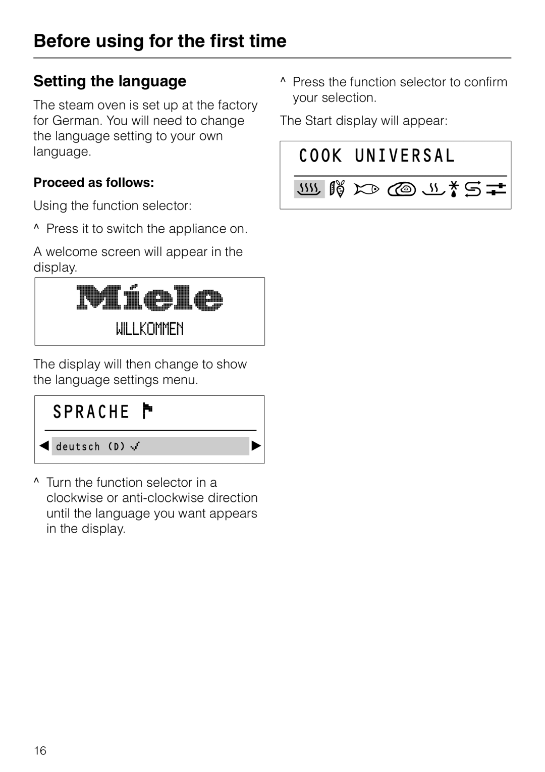 Miele DG 2651, DG2661, DG 2551, DG 2561, DG 2351 installation instructions Setting the language, Proceed as follows 