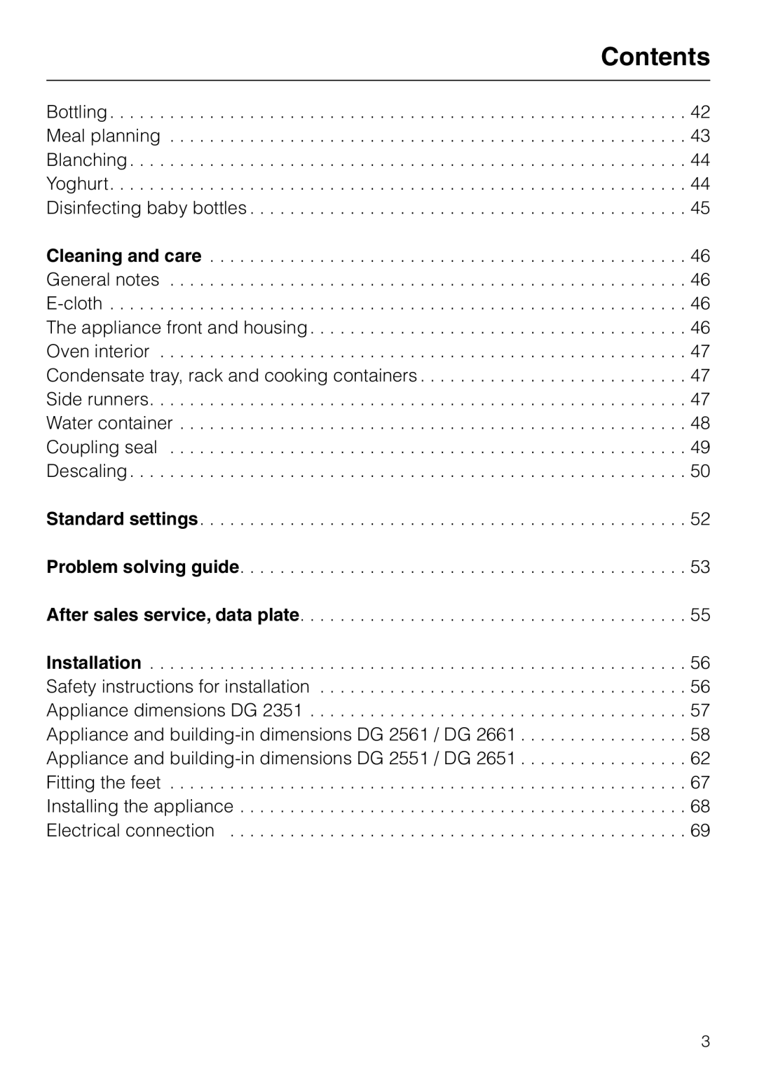 Miele DG 2561, DG2661, DG 2651, DG 2551, DG 2351 installation instructions Contents 