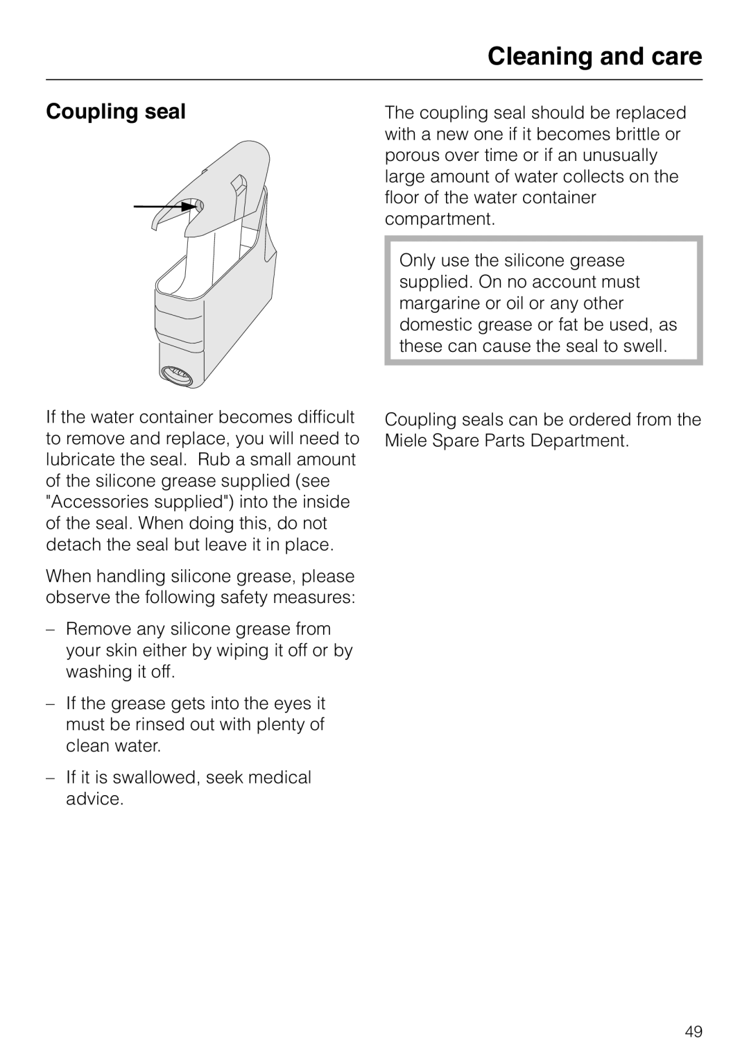 Miele DG 2351, DG2661, DG 2651, DG 2551, DG 2561 installation instructions Coupling seal 