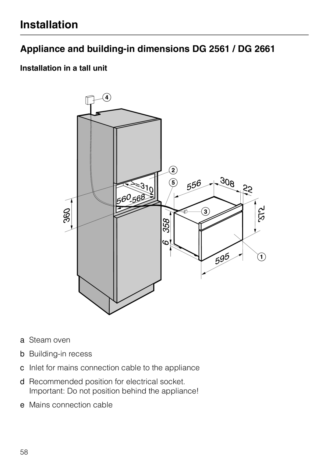 Miele DG2661, DG 2651, DG 2551, DG 2351 Appliance and building-in dimensions DG 2561 / DG, Installation in a tall unit 