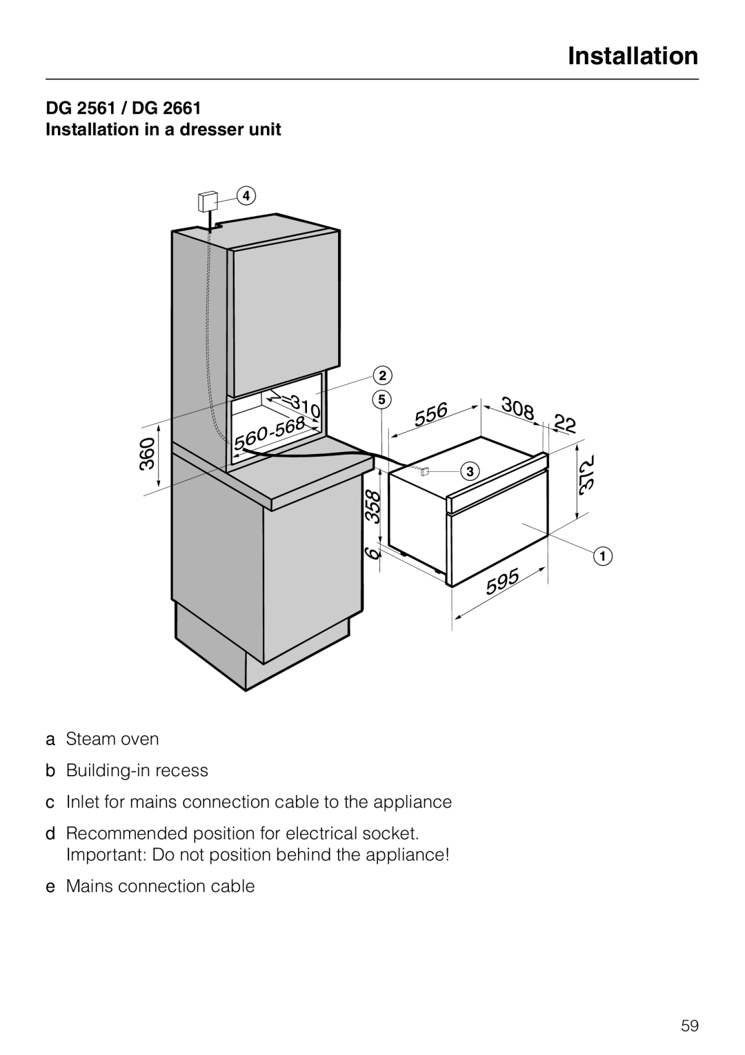 Miele DG 2351, DG2661, DG 2651, DG 2551 installation instructions DG 2561 / DG Installation in a dresser unit 