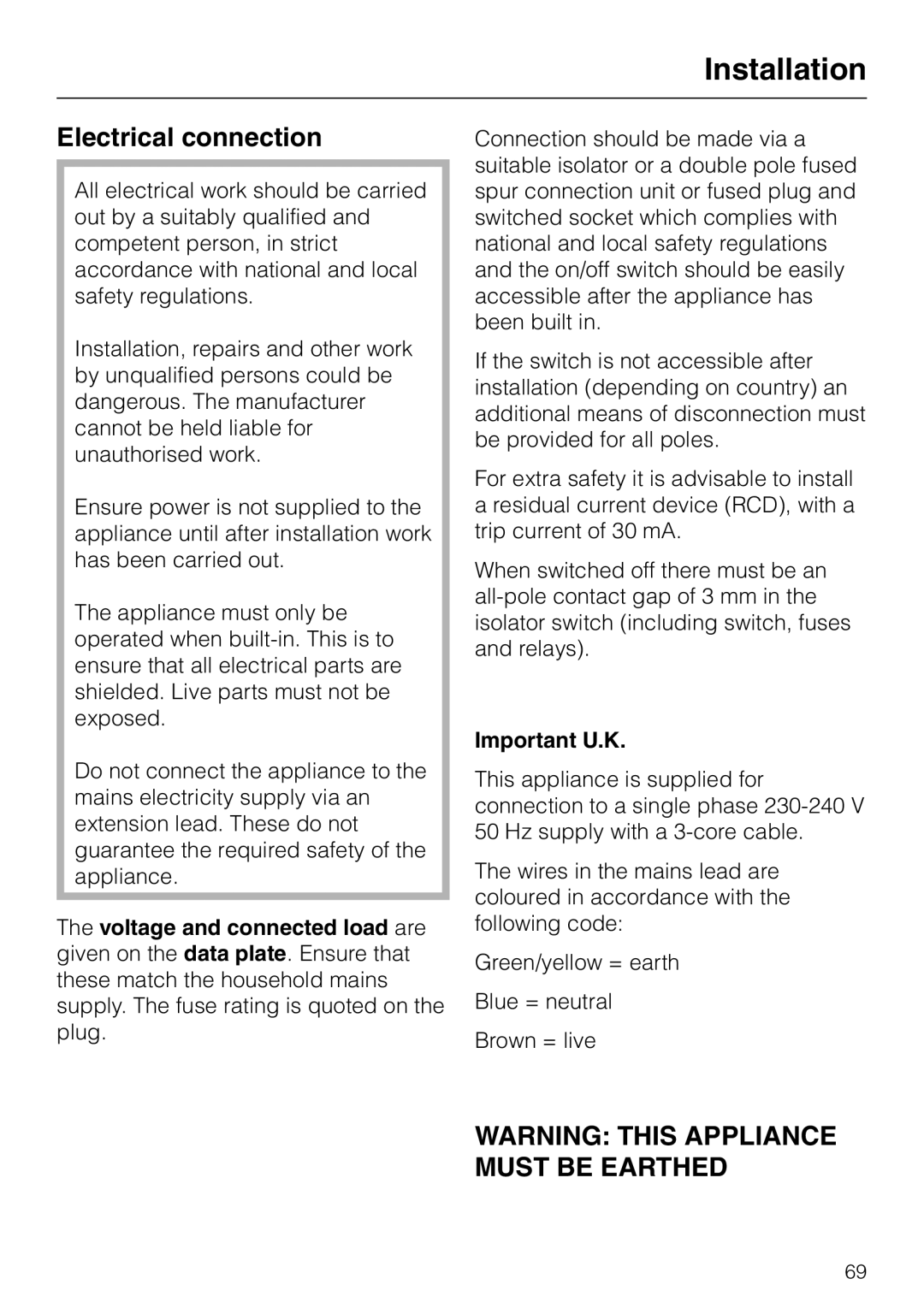 Miele DG 2351, DG2661, DG 2651, DG 2551, DG 2561 installation instructions Electrical connection, Important U.K 