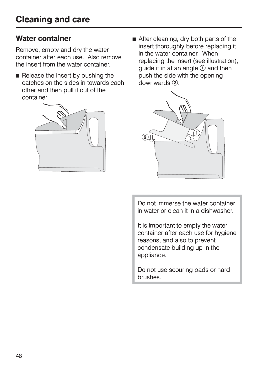 Miele DG 2561, DG2661, DG 2651, DG 2551, DG 2351 installation instructions Water container, Cleaning and care 