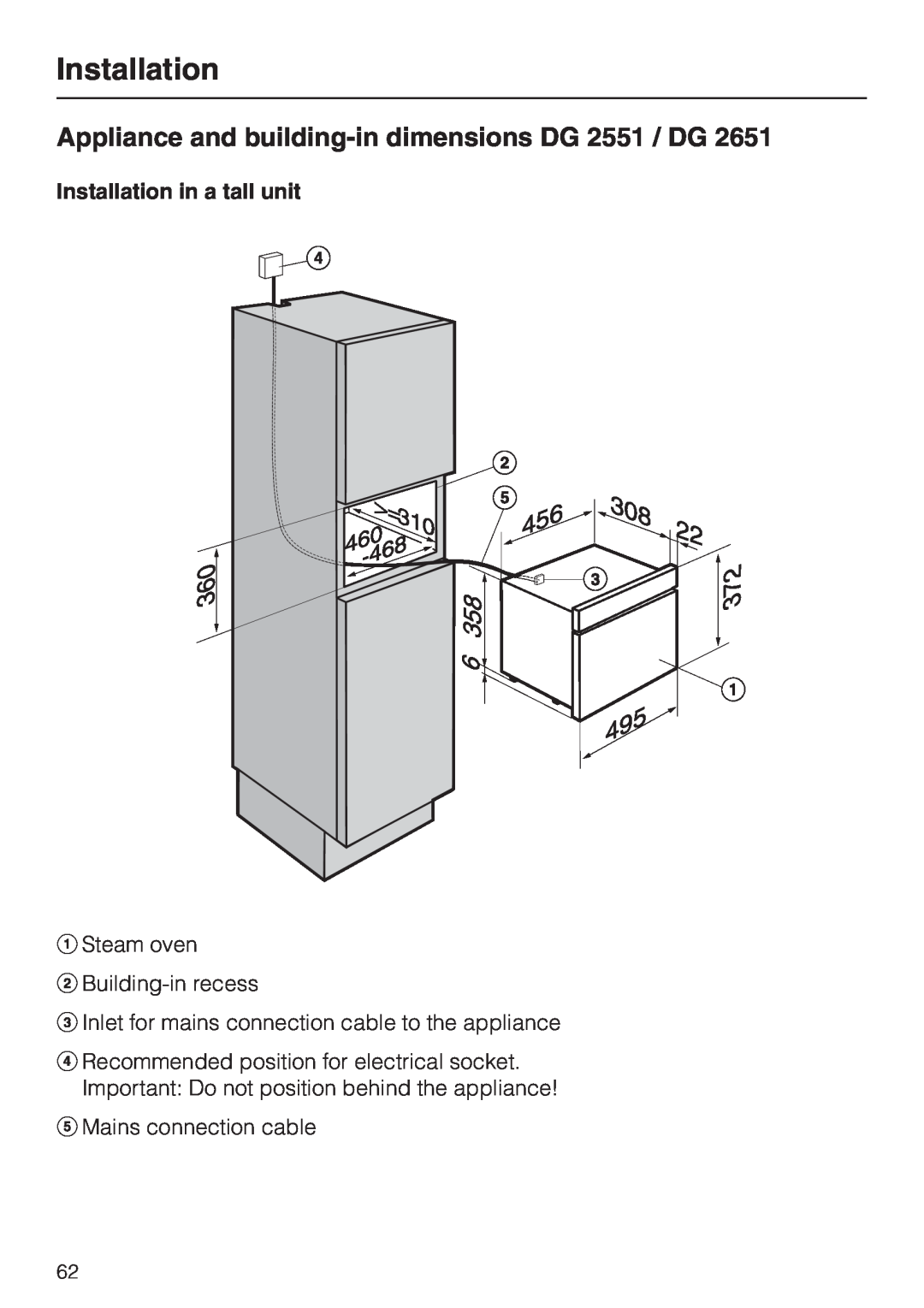 Miele DG2661, DG 2651, DG 2561 Appliance and building-in dimensions DG 2551 / DG, Installation in a tall unit 
