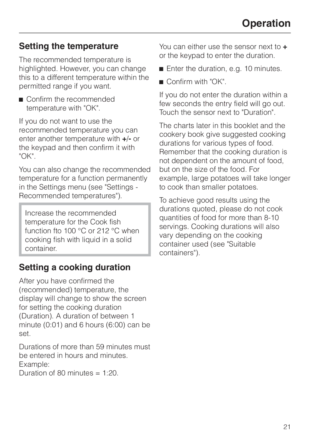 Miele DG4080 installation instructions Setting the temperature, Setting a cooking duration 