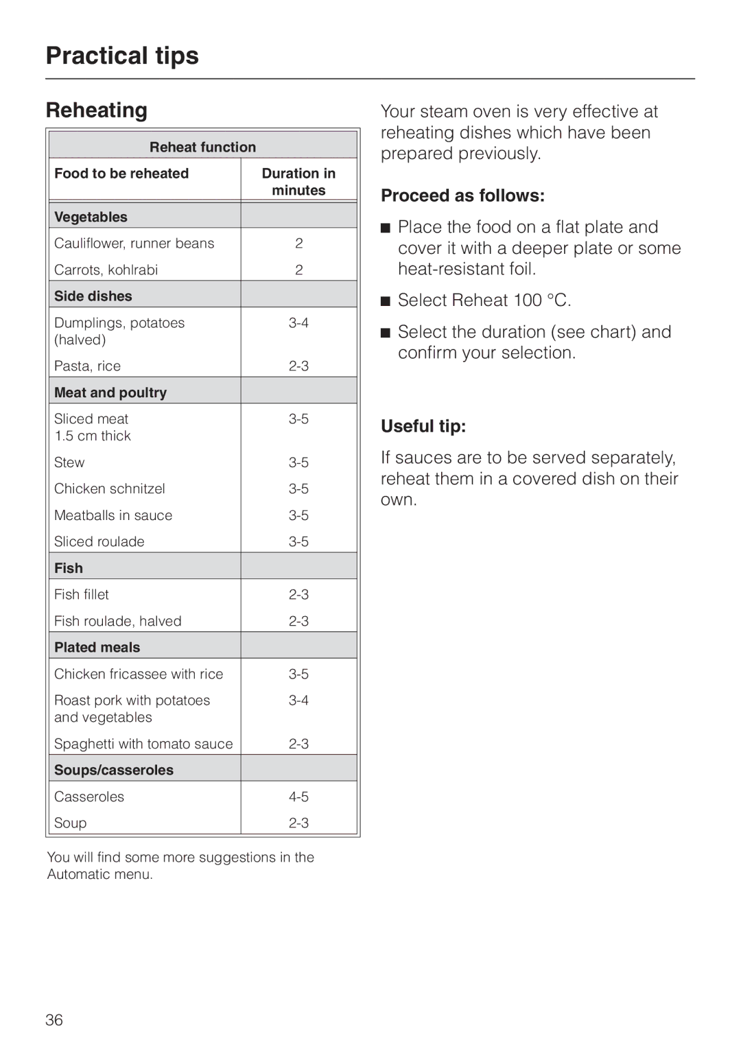 Miele DG4080 installation instructions Reheating, Proceed as follows, Useful tip 